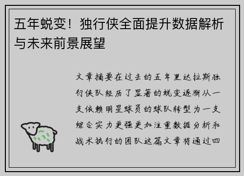 五年蜕变！独行侠全面提升数据解析与未来前景展望
